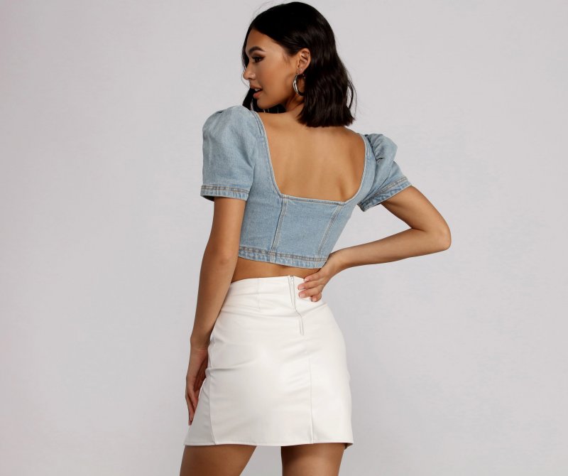 TableClothsUs Good Vibes Cropped Denim Puff Sleeve Top