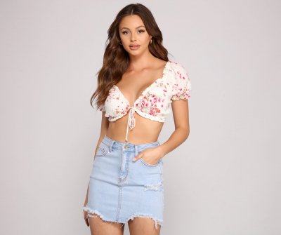 TableClothsUs Flower Power Tie-Front Crop Top