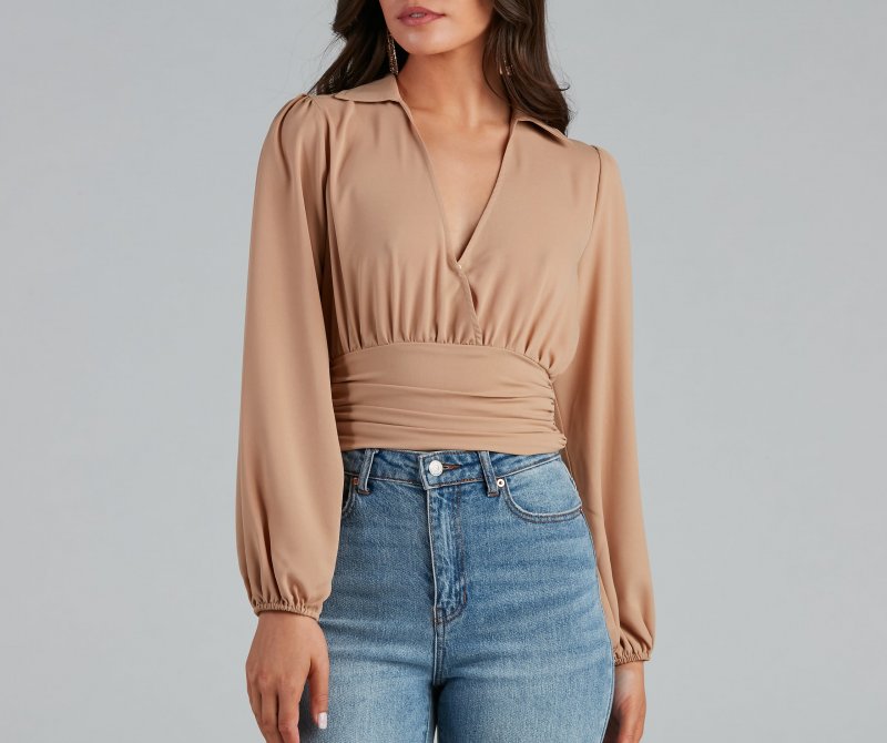 TableClothsUs High Collar Crepe Surplice Blouse