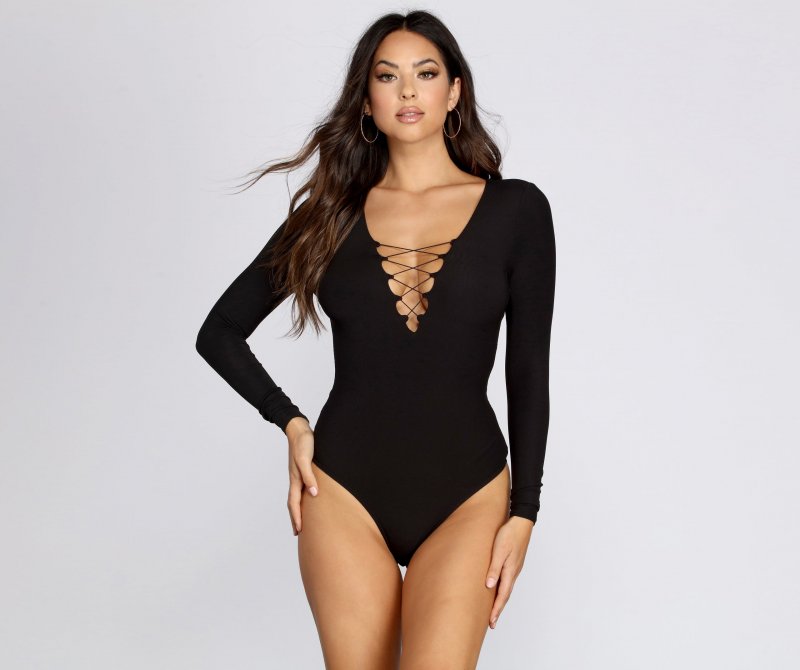 TableClothsUs Long Sleeve Lace Up Bodysuit