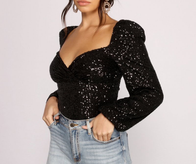 TableClothsUs All That Glow Puff Sleeve Sequin Bodysuit