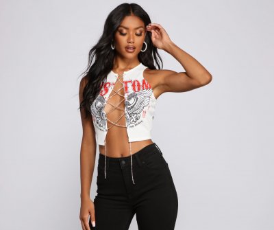 TableClothsUs Rock N'Glam Rhinestone Lace-Up Crop Top