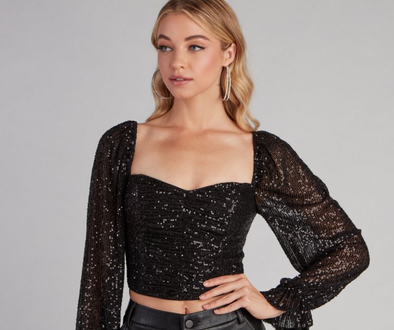 TableClothsUs Chandelier Sequin Long Sleeve Crop Top