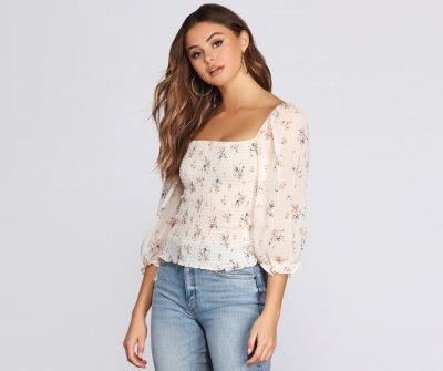 TableClothsUs Surely Chiffon Floral Smocked Blouse