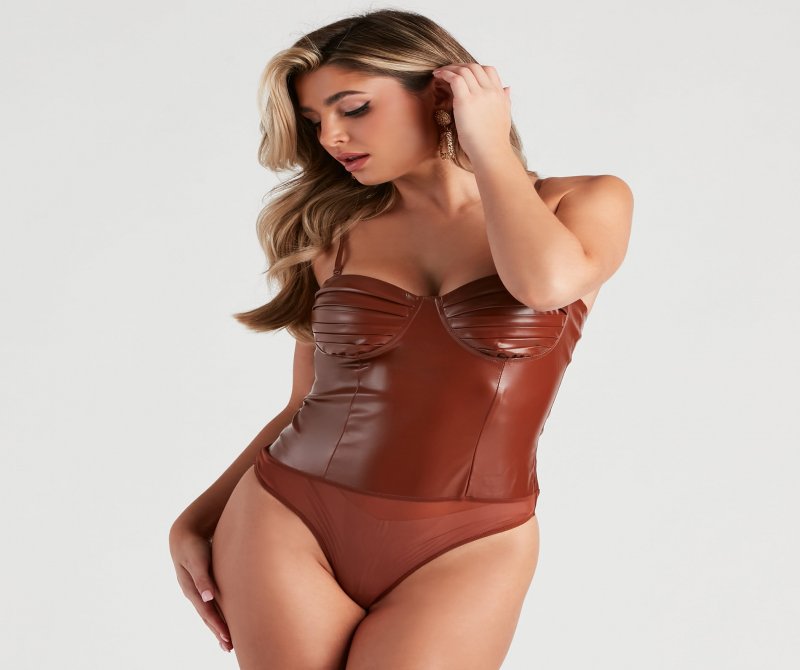 TableClothsUs Press Pause Faux Leather Corset Bodysuit