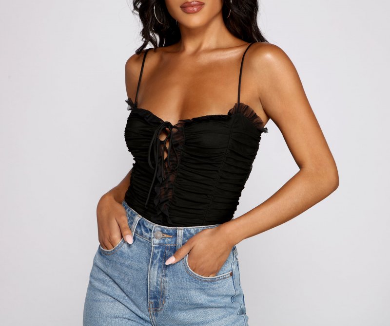 TableClothsUs Ruched Ruffle Lace-Up Bodysuit