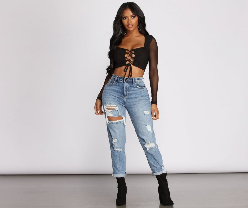 TableClothsUs Lace Up Mesh Crop Top