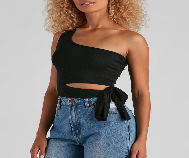 TableClothsUs One Shoulder Tie Waist Crop Top