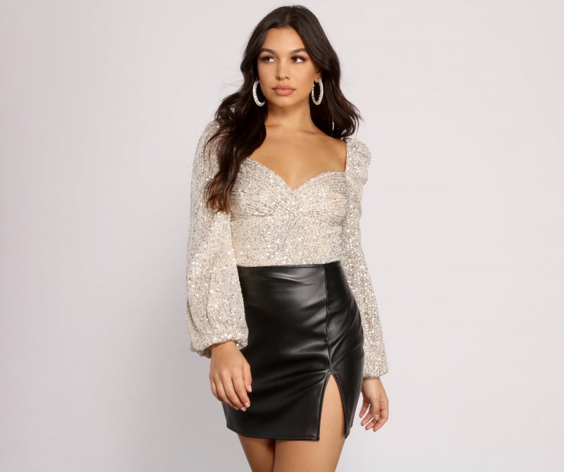 TableClothsUs All That Glow Puff Sleeve Sequin Bodysuit