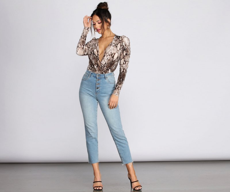 TableClothsUs Puff Sleeve Snake Print Bodysuit