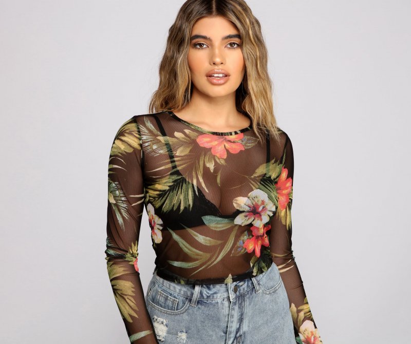 TableClothsUs Tropical Long Sleeve Mesh Crop Top