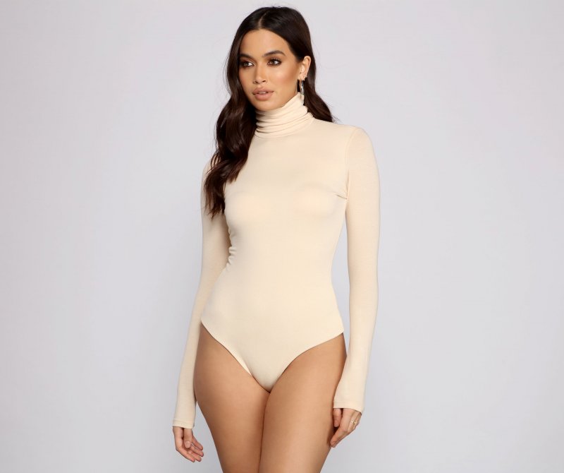 TableClothsUs Basic Long Sleeve Crepe Turtleneck Bodysuit