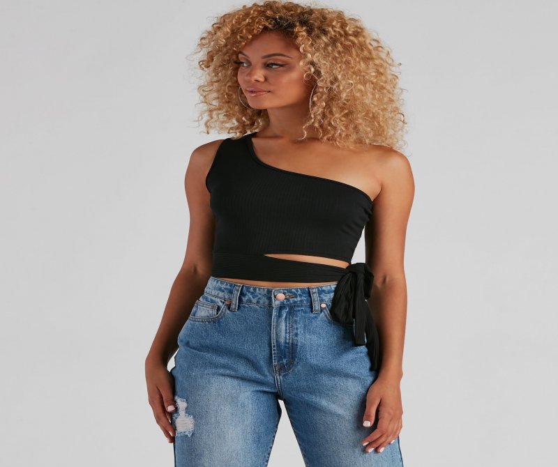 TableClothsUs One Shoulder Tie Waist Crop Top