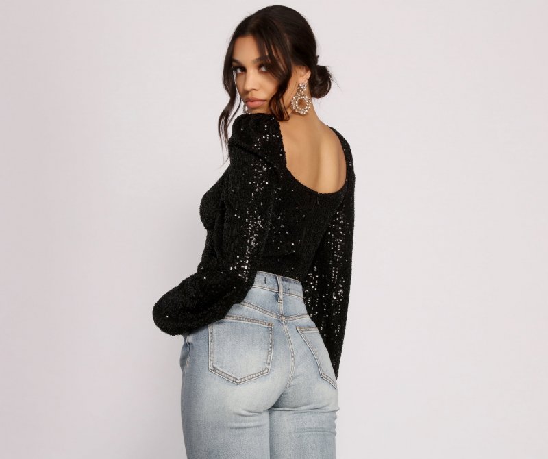 TableClothsUs All That Glow Puff Sleeve Sequin Bodysuit