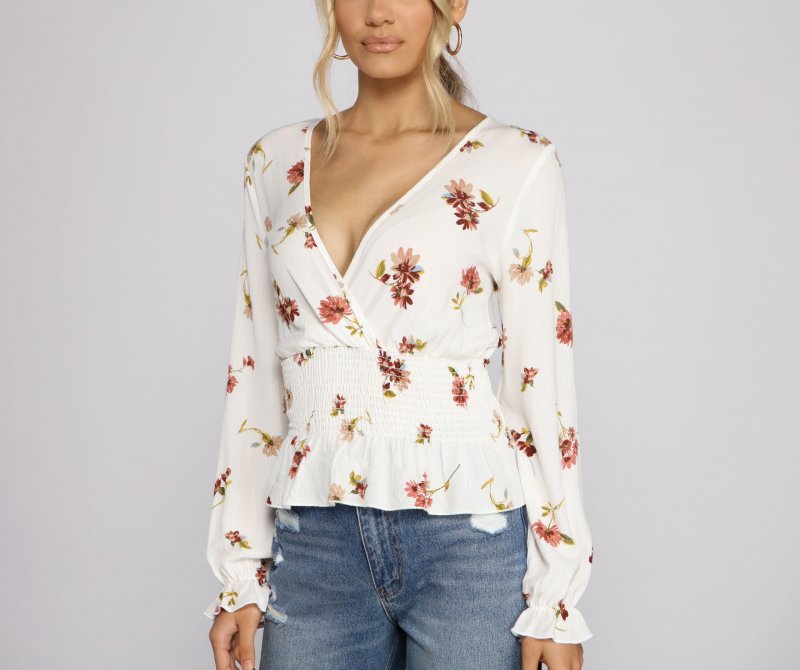 TableClothsUs Smocked Long Sleeve Floral Surplice Gauze Top