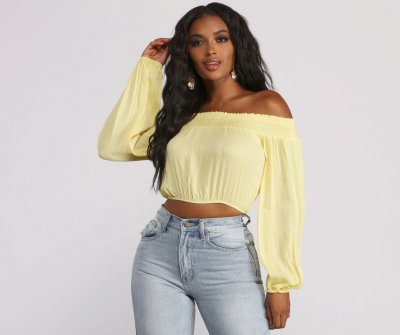 TableClothsUs Off The Shoulder Long Sleeve Gauze Crop Top