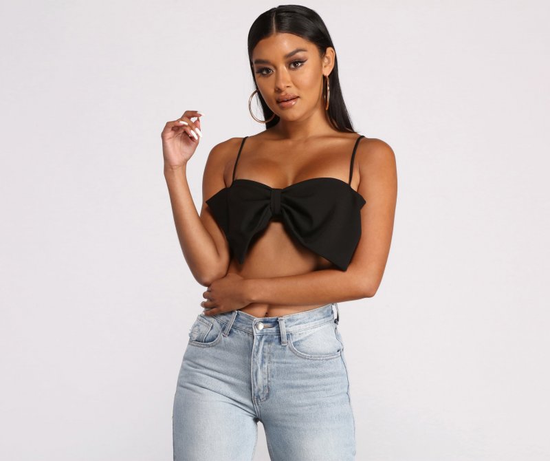 TableClothsUs Crepe Knit Spaghetti Strap Bow Crop Top