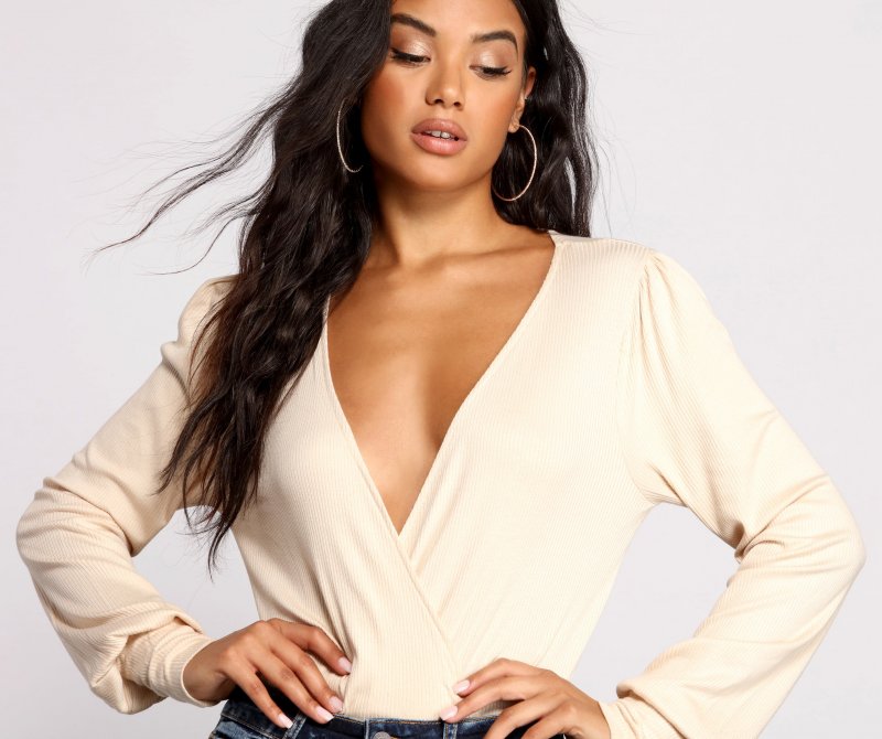 TableClothsUs Sultry Deep V Neck Ribbed Bodysuit