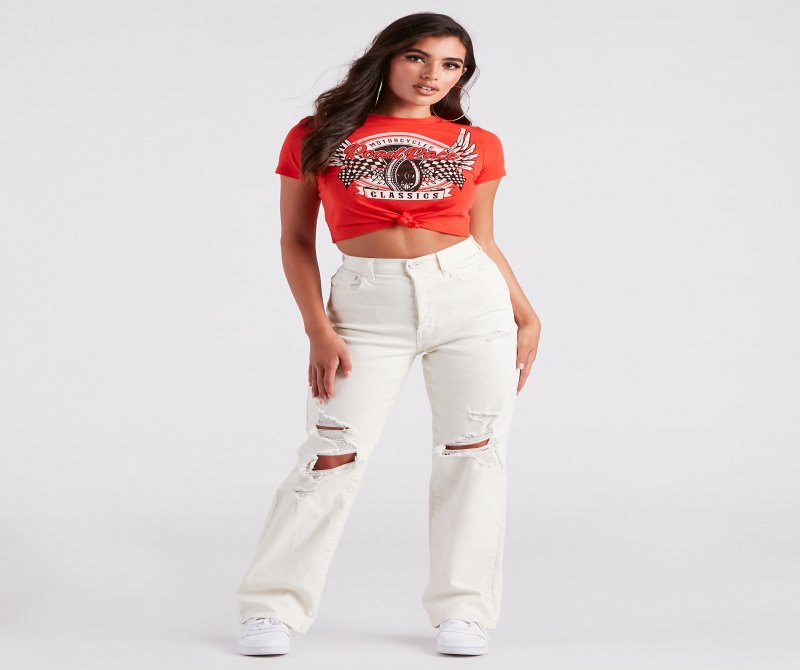 TableClothsUs Moto Babe Graphic Knot Tie Crop Tee