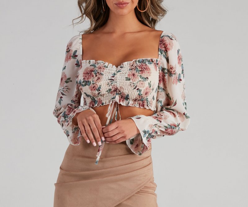 TableClothsUs When In Floral Chiffon Smocked Crop Top